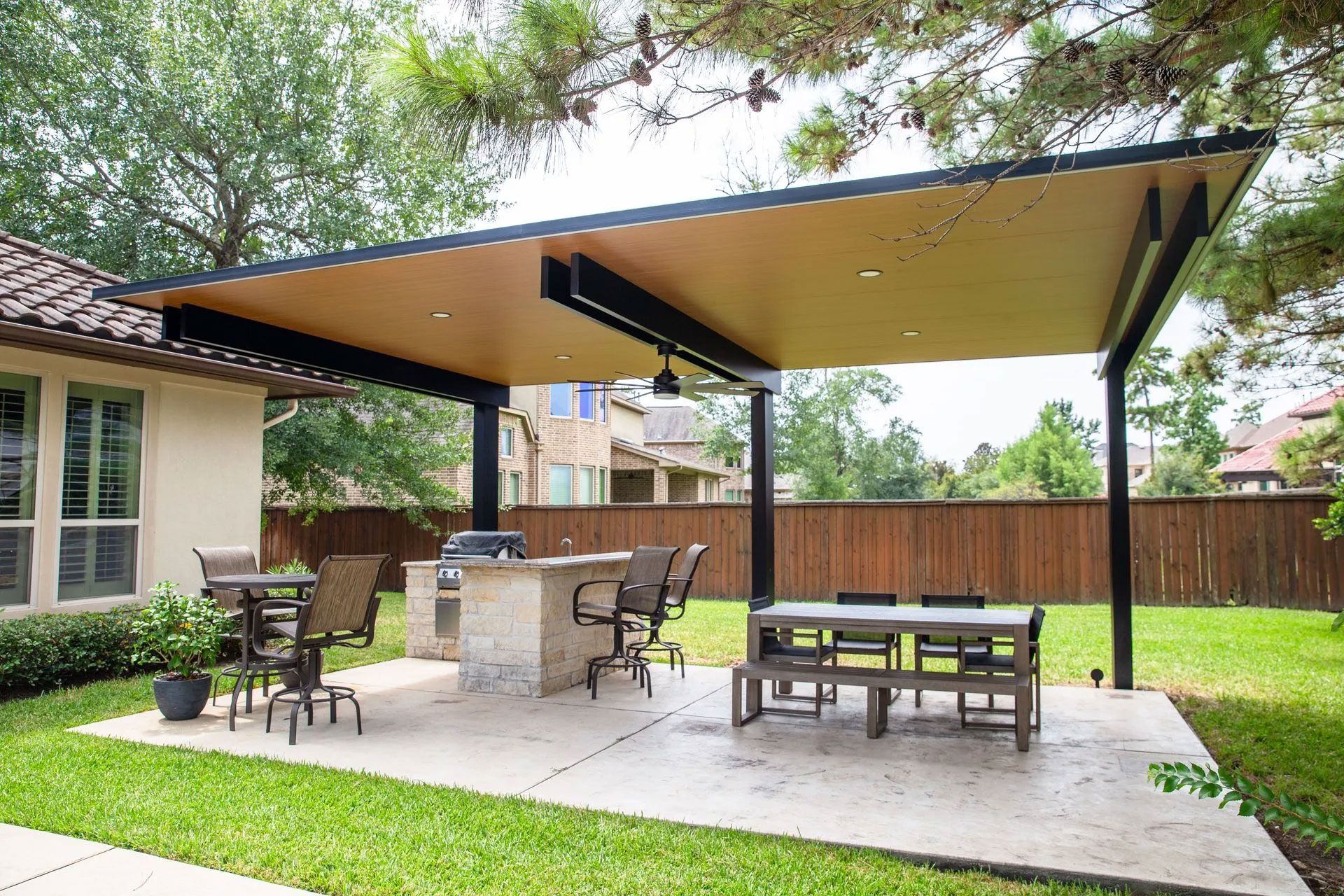 Kool Covers aluminum patio cover over a Houston backyard patio