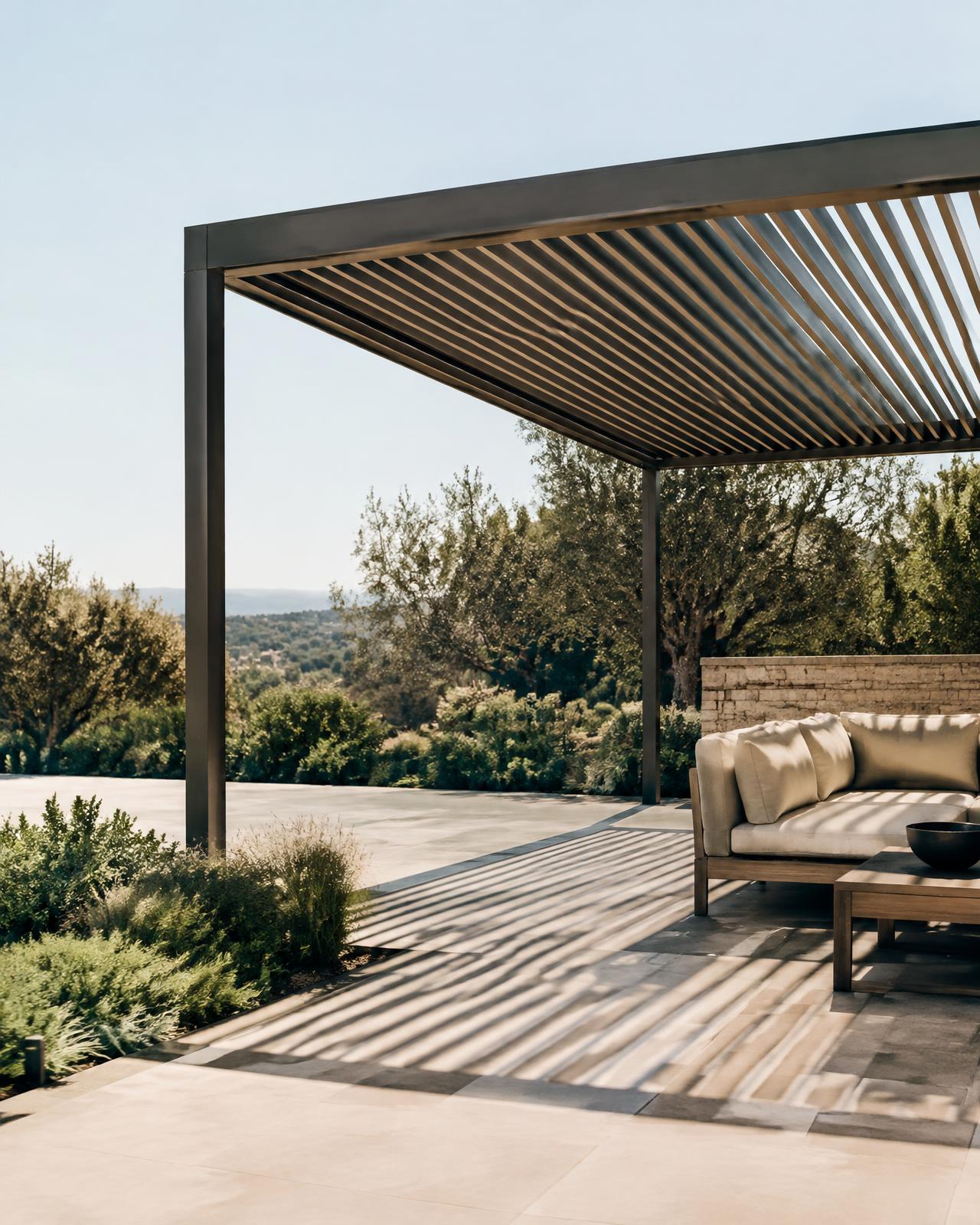 Pergola casting striped shade on a patio
